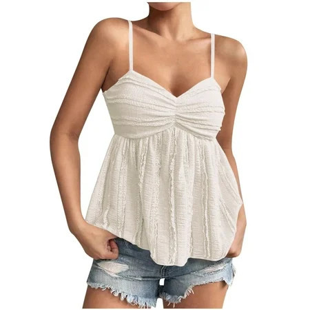 Womens Tank Tops- Women's Y2k Babydoll Tops Peplum Ruched Lace Trim Cami Cute Going Out Top White L | Walmart (US)