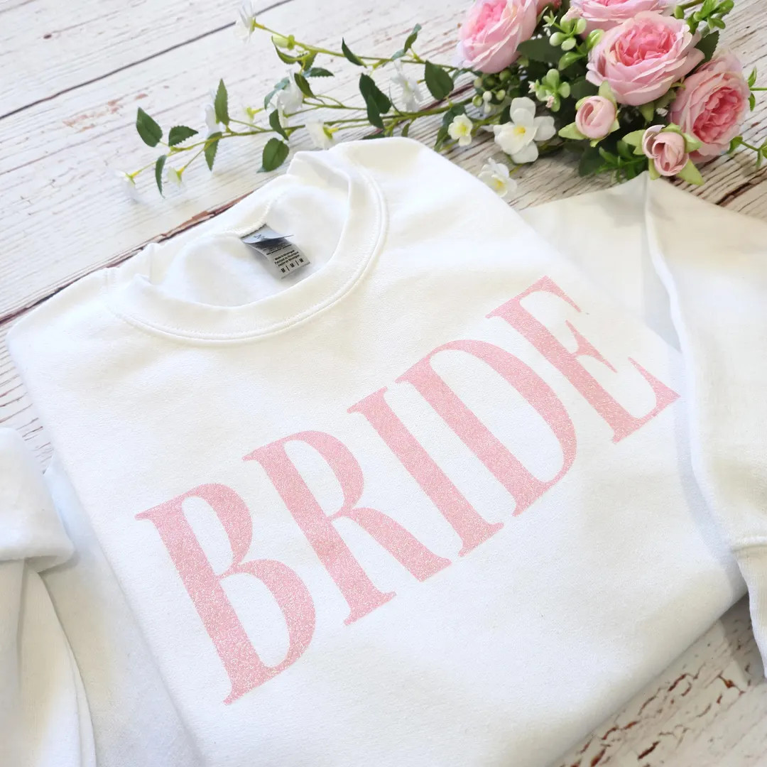 Light Pink Glitter Writing Personalized Bride Sweatshirt | Bridal Shower Gift | Engagement Gift f... | Etsy (US)