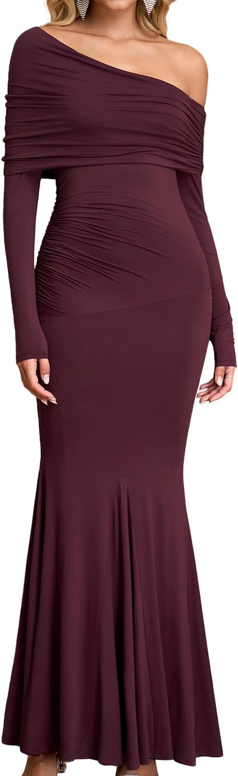 GLNEGE Off The Shoulder Fall Wedding Guest Formal Dress Long Sleeve Ruched Bodycon Maxi Cocktail ... | Amazon (US)