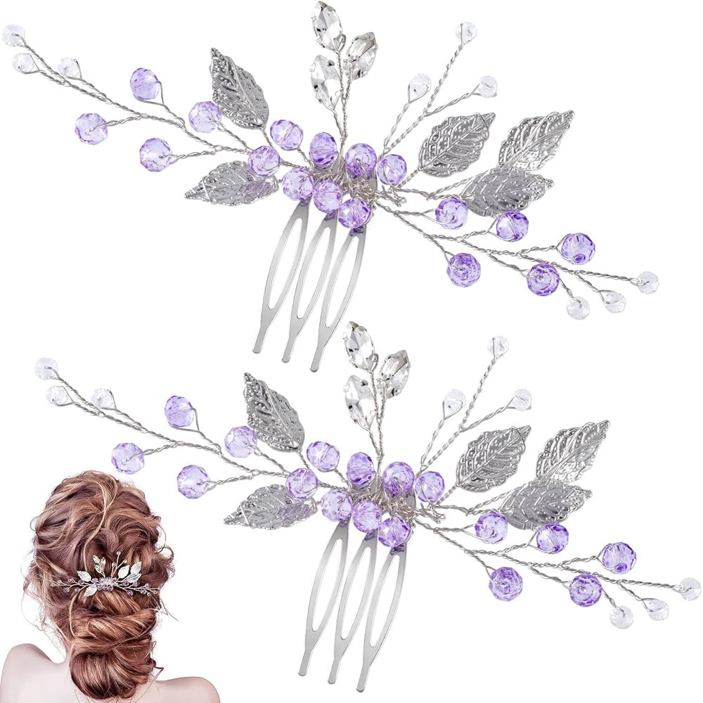 PAGOW 2PCS Leaf Hair Combs, Purple Rhinestone Hair Comb Clips, Hair Side Comb Clips, Crystal Wedd... | Amazon (US)