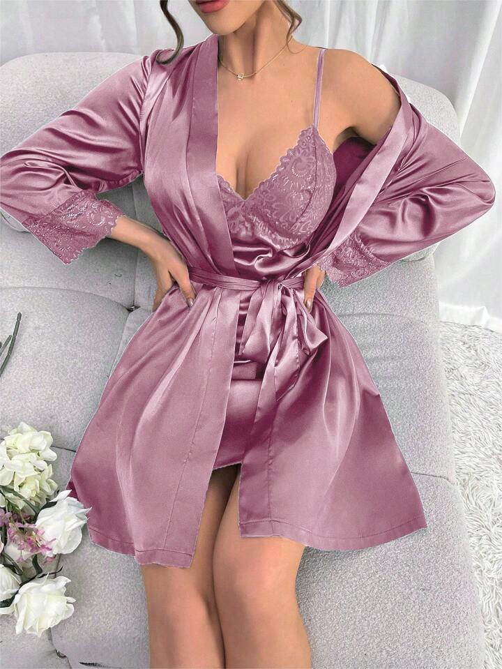 Women's Lace Detailing Cami Dress And Belted Robe Pajama Set | SHEIN