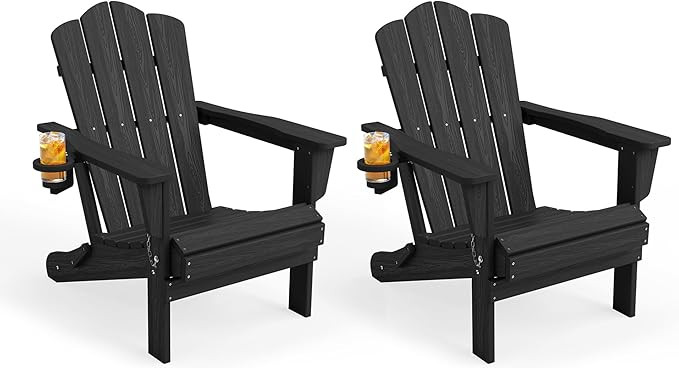 KINGYES Folding Adirondack Chair Set of 2, HDPE All-Weather Patio Chairs with Cup Holder, Wooden ... | Amazon (US)