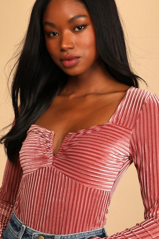 Ready To Go Out Rusty Rose Velvet Striped Long Sleeve Bodysuit | Lulus (US)