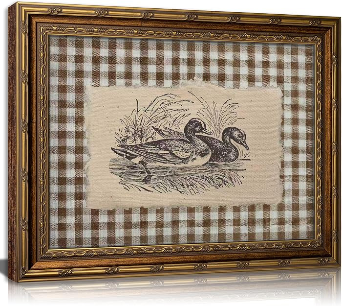 Vintage Gold Framed Wall Art, Brown Gingham Sketch Ducks Canvas Prints, Retro Rustic Farmhouse An... | Amazon (US)
