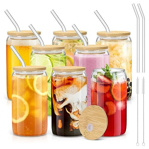 sungwoo 8PCS Glass Cups with Bamboo Lids and Straws, 16OZ Ice Coffee Cup, Drinking Cup set with Wooden Lids, Home Essential Glass Tumblers for Beer, Cocktail, Tea and Latte Clear | Amazon (US)
