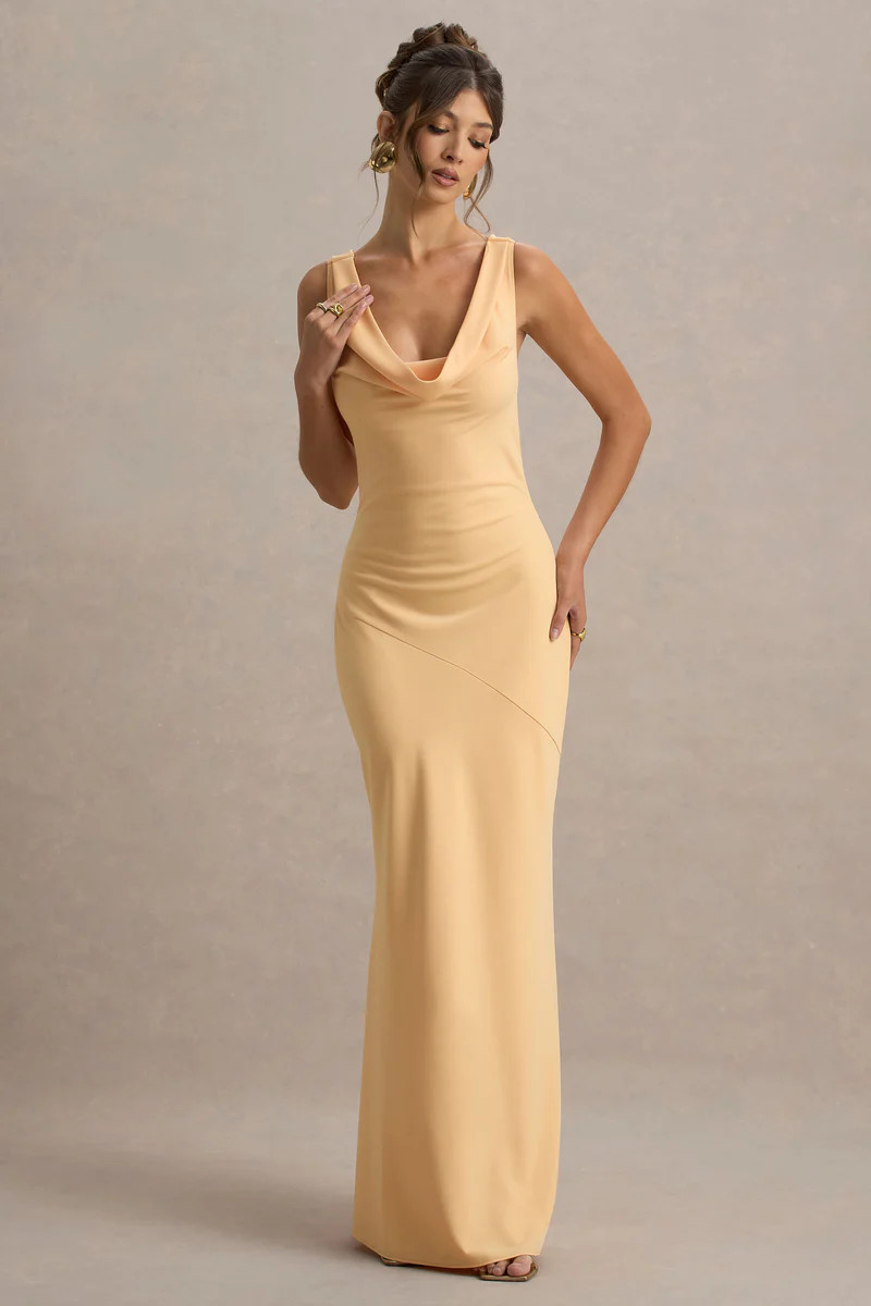 Alesso | Peach Satin Cowl-Neck Maxi Dress | Club L London