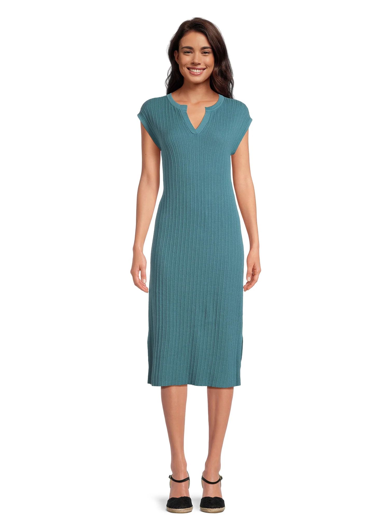 Time and Tru Women's V-Neck Sweater Dress with Short Sleeves, Sizes XS-XXXL | Walmart (US)