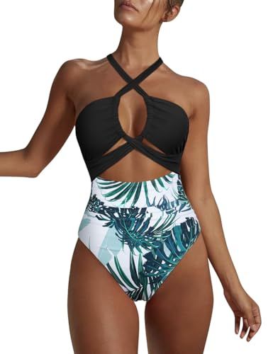 Hilor Women's Sexy Cutout One Piece Swimsuit Halter Plunge Neckline Bathing Suits High Cut Criss ... | Amazon (US)