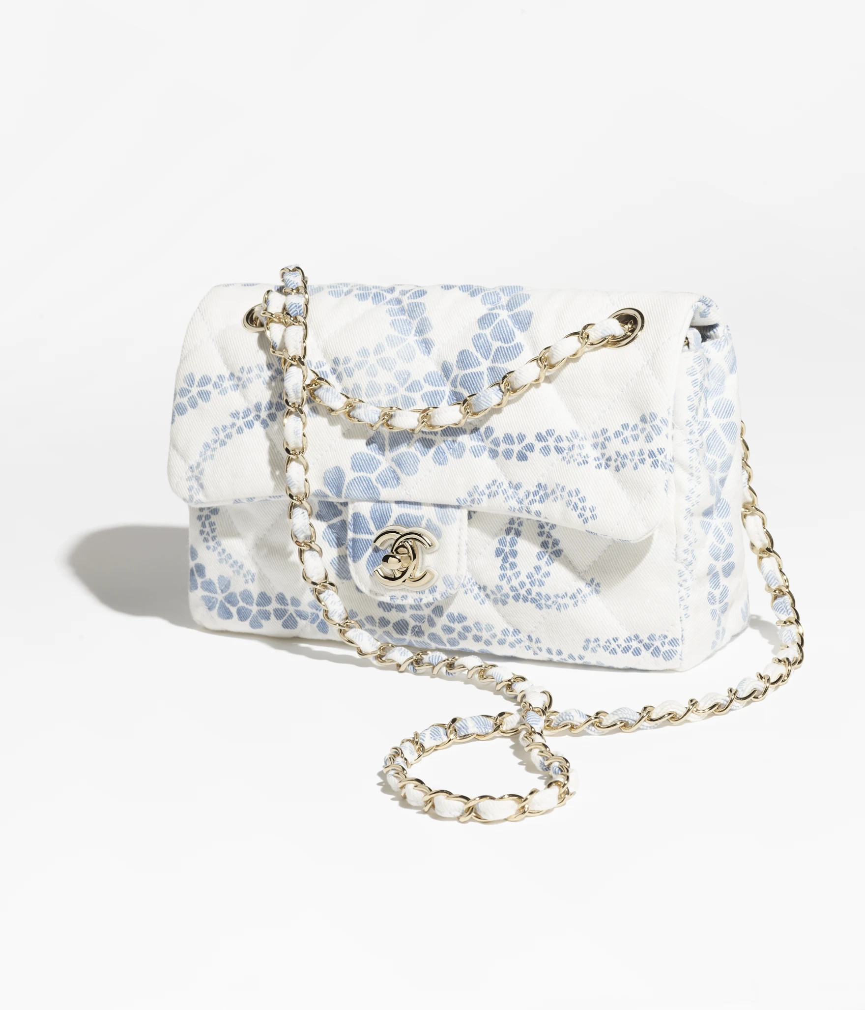Flap bag, Printed denim & gold-tone metal, white & blue — Fashion | CHANEL | Chanel, Inc. (US)