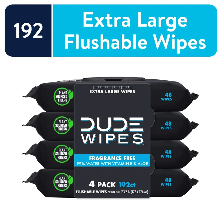 DUDE Wipes Flushable Wipes, Unscented XL Wet Wipes to Use with Toilet Paper, 48 Ct, 4 Pack | Walmart (US)