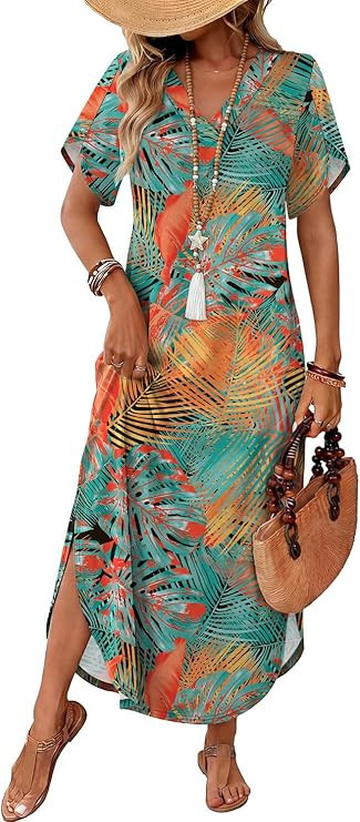 WIHOLL Summer Dresses for Women Short Sleeve Maxi Dresses V Neck Sundress with Side Slit Pockets ... | Amazon (US)