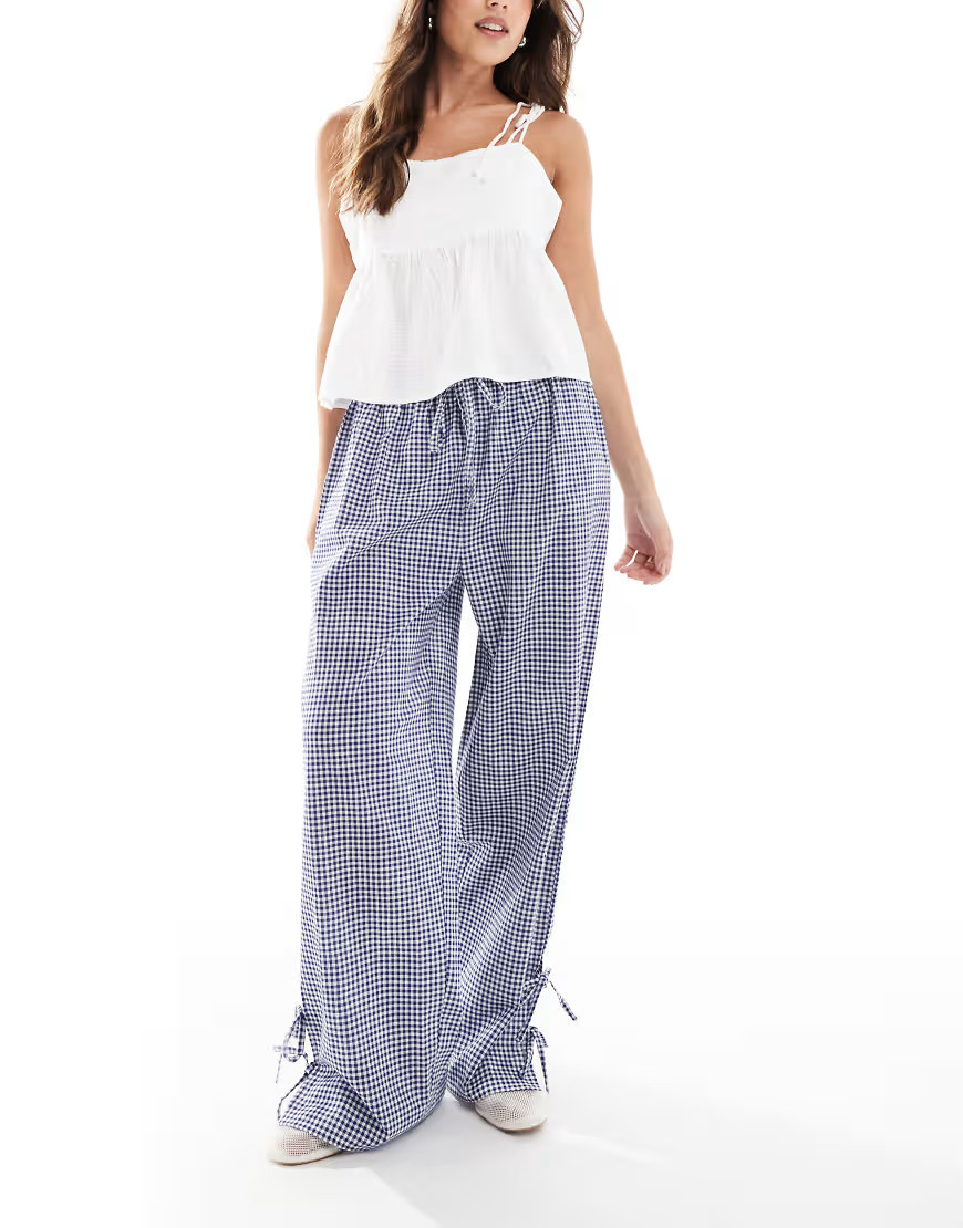 Wednesday's Girl tie-side gingham trousers in navy blue | ASOS (Global)