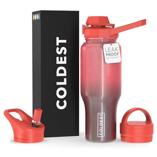 Coldest Sports Water Bottle - 3 in 1 Lids (Chug, Straw, Handle) - Insulated Stainless Steel Tumbler with Handle - Vacuum Water Flask Cup, Valentines Gifts for Him Her (36 oz, Red Nebula Glitter) | Amazon (US)