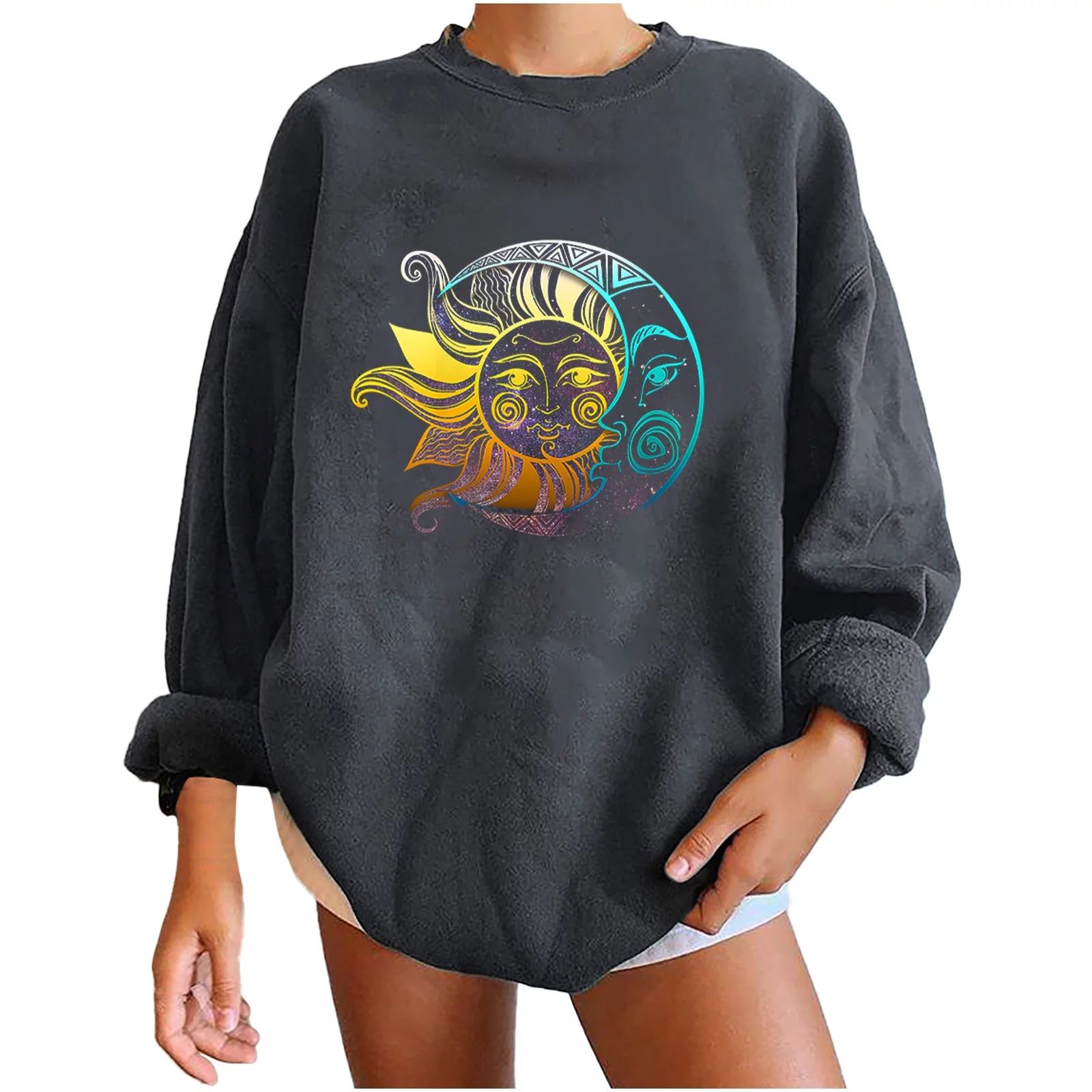 Women Print Loose O-Neck Long-Sleeved Fleece Oversized Sweatshirt Pullover, BA361 | Walmart (US)