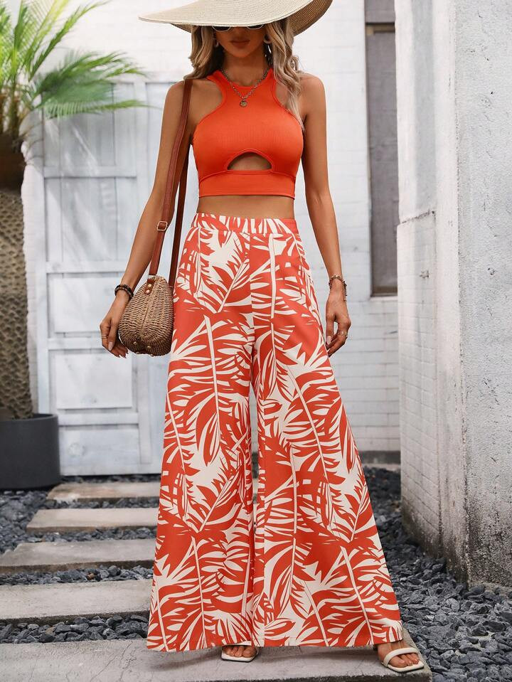 SHEIN VCAY Cut Out Crop Tank Top & Tropical Print Wide Leg Pants | SHEIN