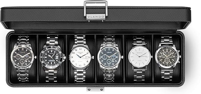 Vlando 6-Slot Watch Case for Men, Watch Box with Glass Lid, Lockable Watch Holder, Business Textu... | Amazon (US)