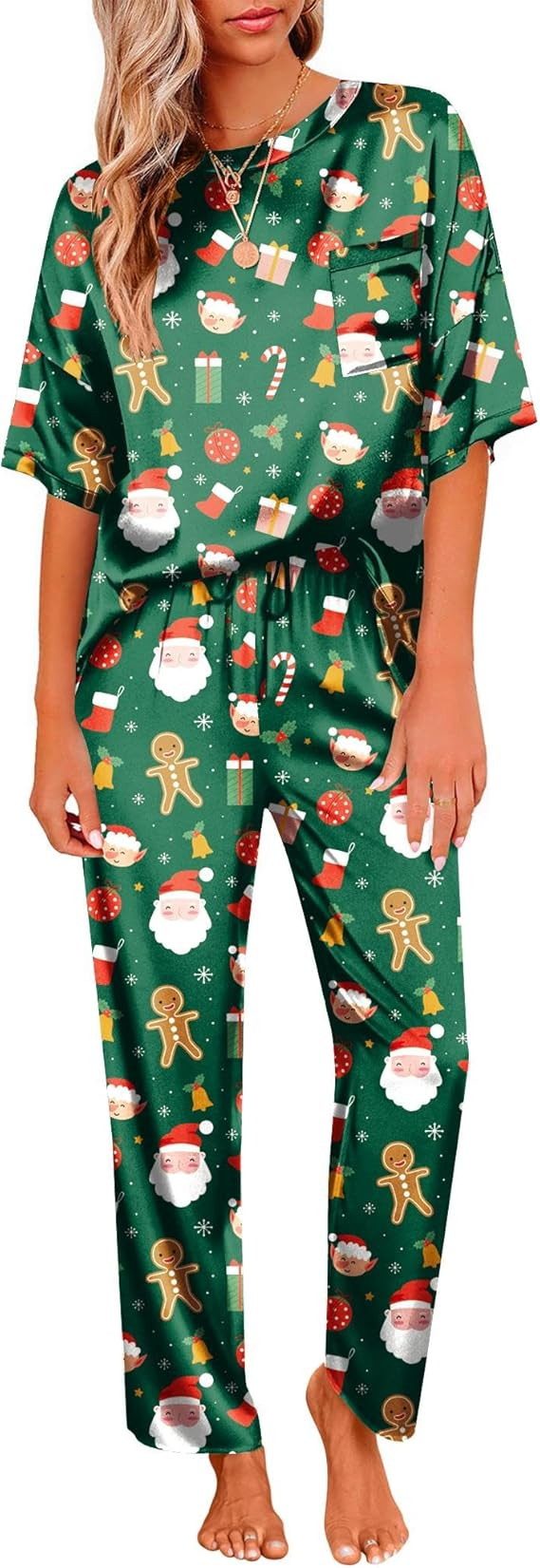 Ekouaer Womens Satin Silky Pajama Set Short Sleeve Shirt with Long Pajama Pant Set Soft PJ Lounge... | Amazon (US)