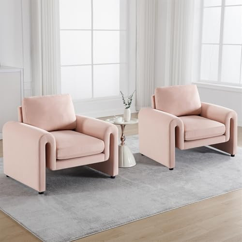 binzida Velvet Accent Chairs Set of 2, Comfy Upholstered Living Room Chair with Pillow, Modern Single Sofa Chairs, Large Arched Arm Armchair for Reading, Office Decorative Chairs for Bedroom (Pink) | Amazon (US)