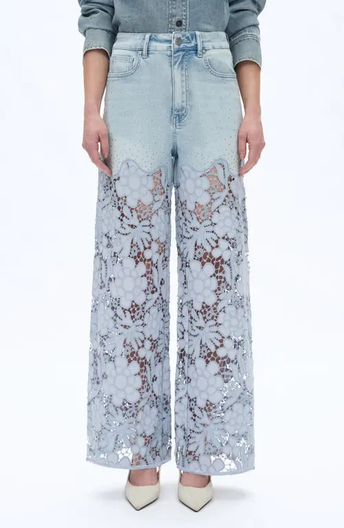 Bayeas Crystal Embellished Lace Wide Leg Jeans in Light Blue at Nordstrom, Size 29 | Nordstrom