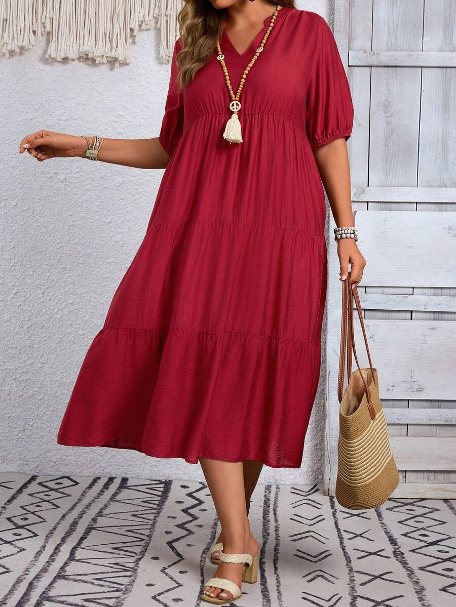 NEWEMERY ROSE Plus Size Burgundy Notch V-Neck Short Sleeve Ruffle Hem Casual Summer Dress Vacatio... | SHEIN