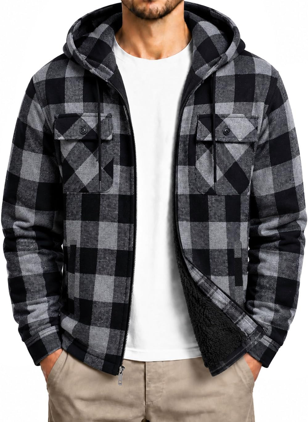 SCODI Mens Flannel Hooded Jacket Fleece Sherpa Lined Zip Up Plaid Hoodies | Amazon (US)
