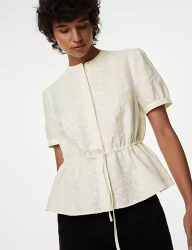 Linen Rich Embroidered High Neck Blouse | Marks & Spencer (UK)