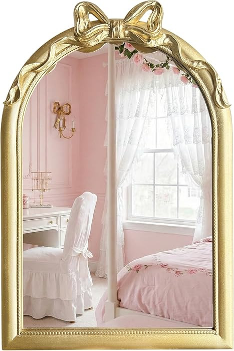 36x24 Arched Gold Bow Wall Mirror, Vintage Vanity Mirror for Bathroom & Bedroom Decor, Antique Fr... | Amazon (US)