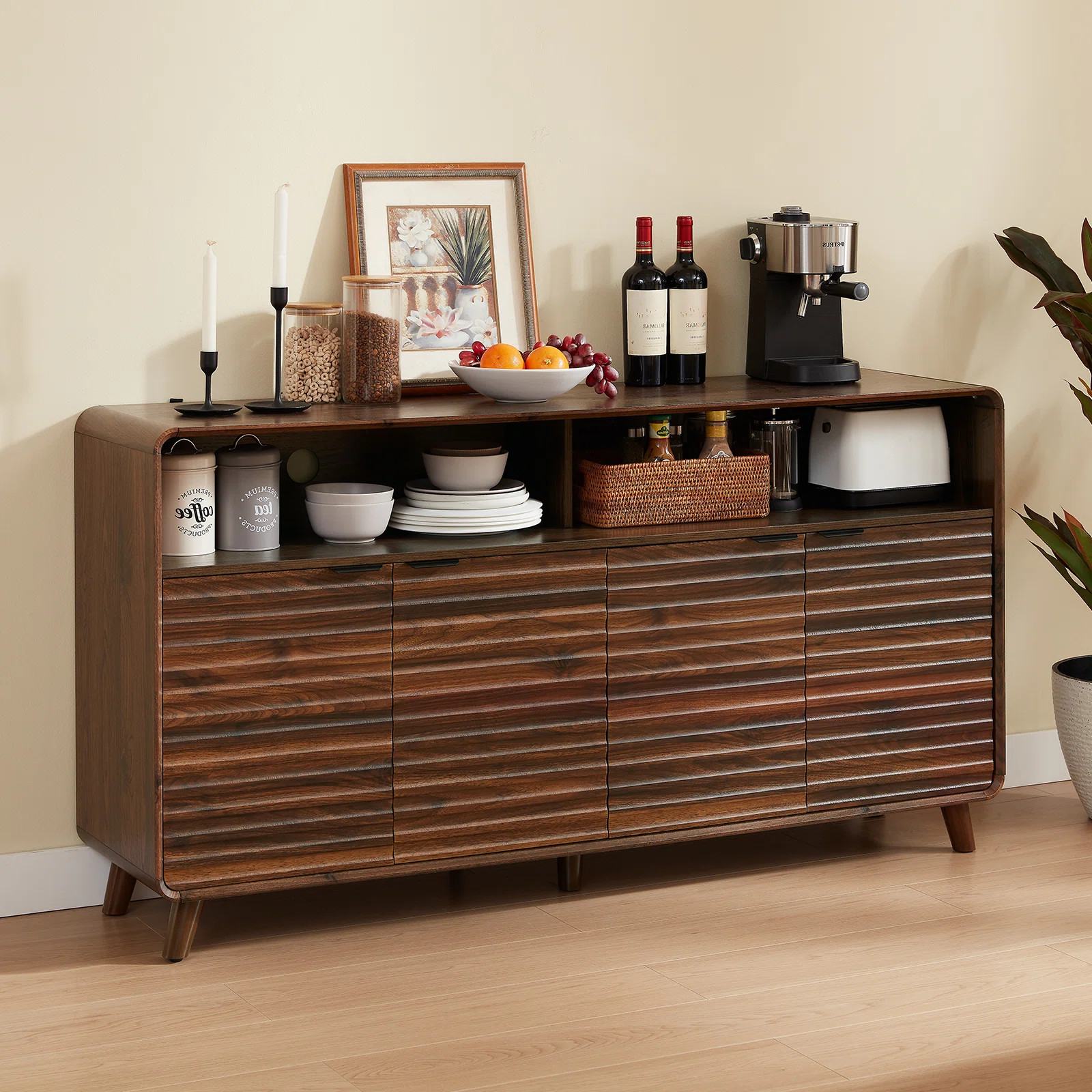 63" Curved-Edge 4-Door Sideboard With Two Compartments And Grooved Trim Finish For Dinning, Kitch... | Wayfair North America