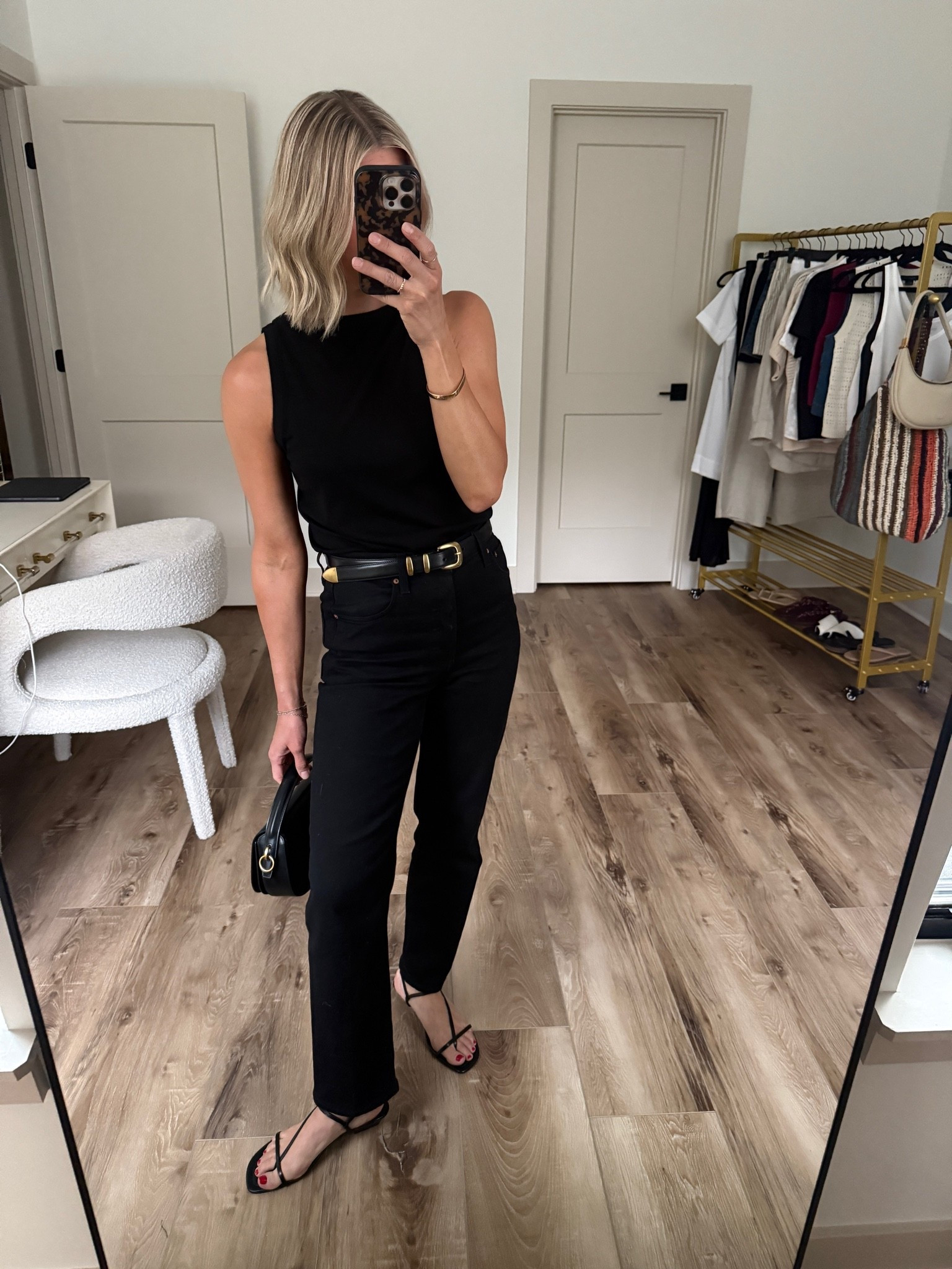 Wearing XS top, 26 jeans, small belt, sandals tts