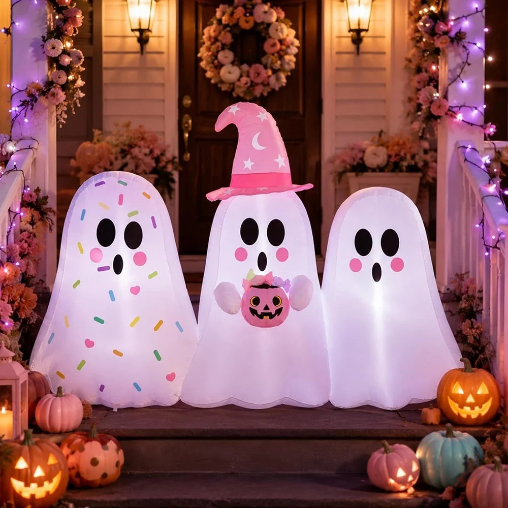 Cute Pink & White Ghost Halloween Inflatable with Built-In LED Lights, Pastel Blow-Up Yard Decoration for Garden, Lawn, Porch and Halloween Parties | Wayfair North America