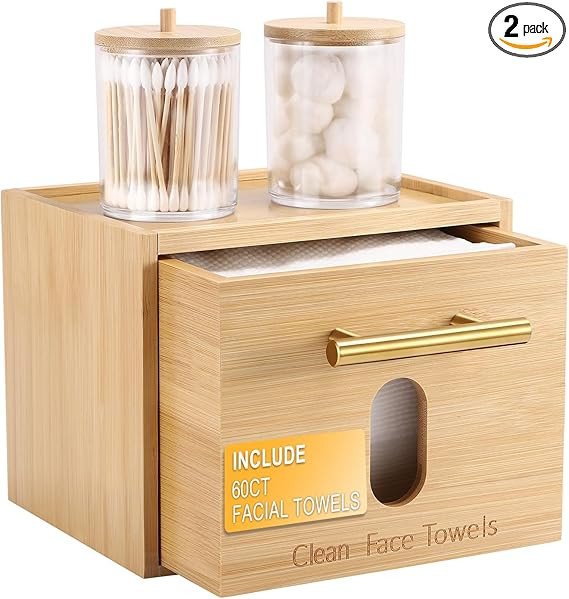 Disposable Face Towel Holder Bamboo Storage Box with 60 XL Towels, Cotton Balls Holders, Facial T... | Amazon (US)