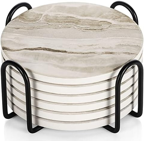 LIFVER Coasters Set of 6, Coasters for Drinks Absorbent Stone with Holder, Black Marble Style Cer... | Amazon (US)