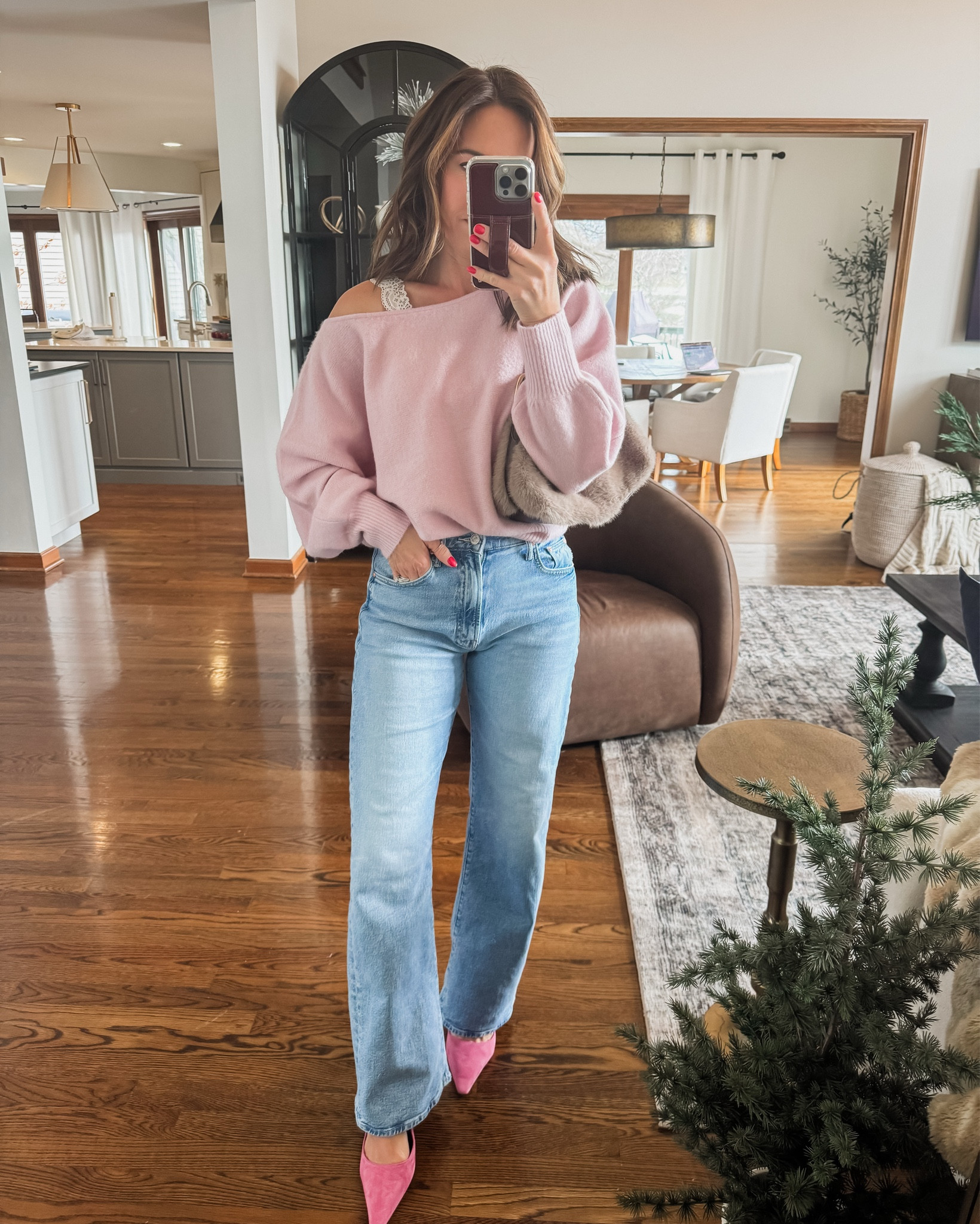 Blush pink. 💕💕
Size small sweater
Jeans tts, 25 regular. 
Favorite heels in a fun pink  

#LTKSeasonal #LTKOver40