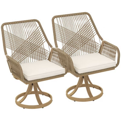 Outsunny Outdoor Patio Swivel Chairs Set of 2, Rattan Patio Dining Chairs with Soft Cushions and Metal Frame for Backyard, Lawn, Porch, Garden, Khaki | Target