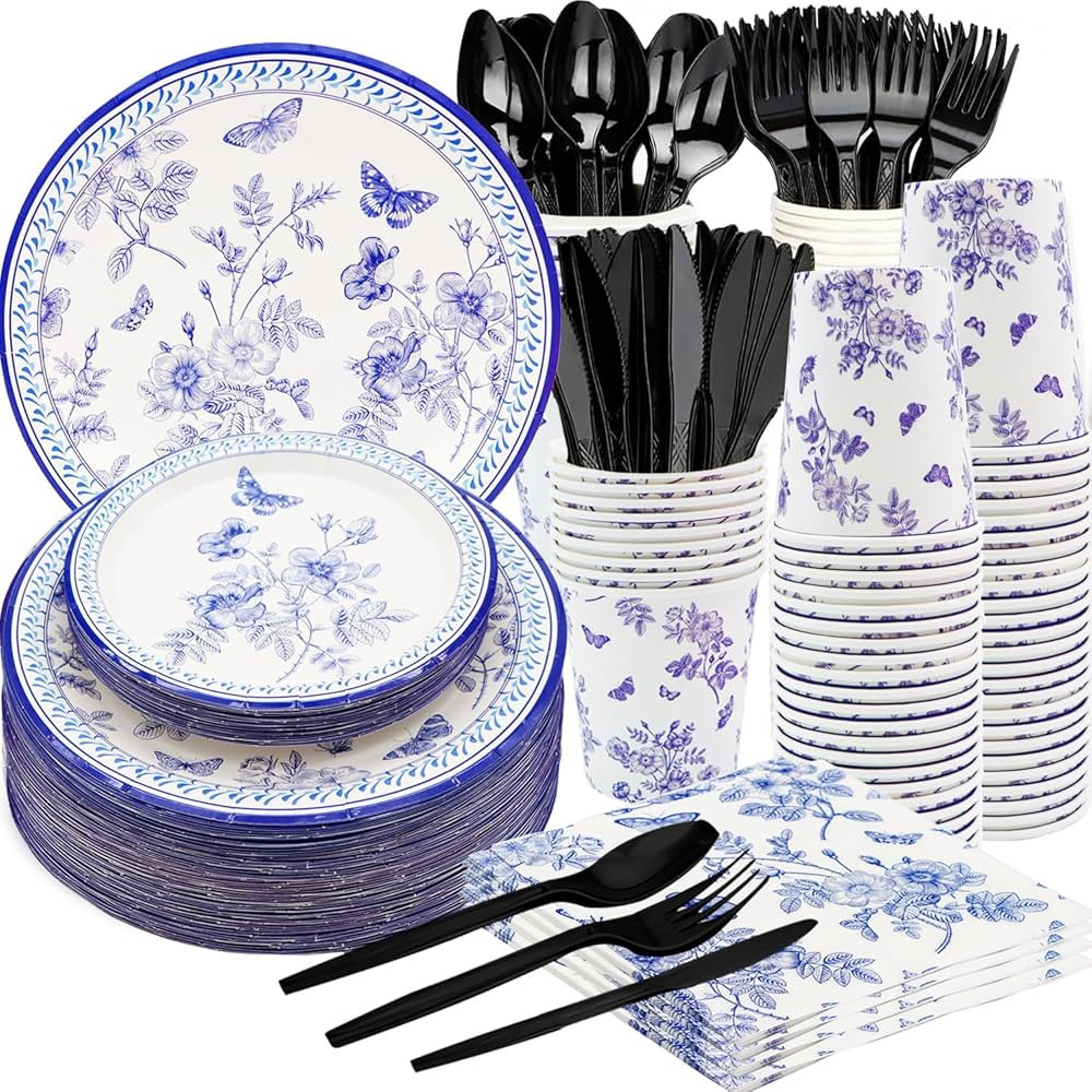 175Pcs Blue White Floral Party Supplies Set 9"Blue White Floral Dinner Plate 7"Floral Dessert Pla... | Amazon (US)
