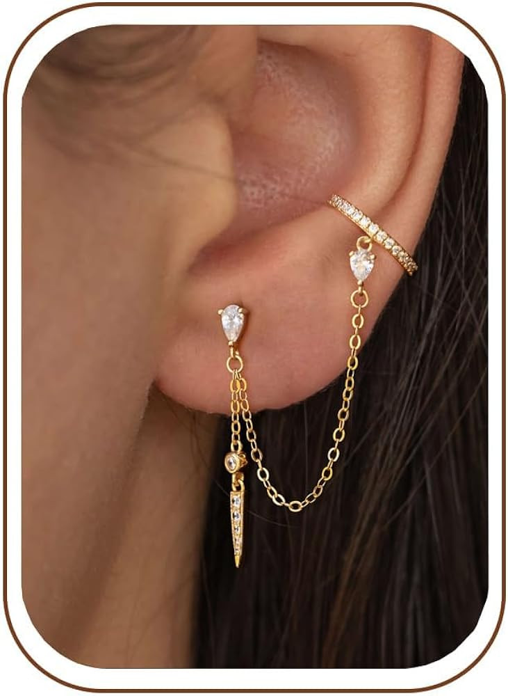 Amazon.com: FUCJOEE Gold Earrings for Women, Dainty Chain Earrings 14K Gold Plated Ear Cuff Hypoallergenic CZ Stud Earrings Unique Cute Bar Drop Dangle Earrings for Women Trendy Non Tarnish Jewelry Gifts: Clothing, Shoes & Jewelry | Amazon (US)