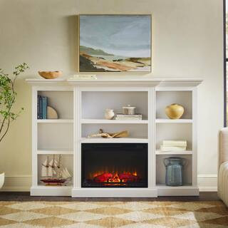 Traditional 70 in. Freestanding Wood Mantel Electric Fireplace with Open Shelving in White | The Home Depot