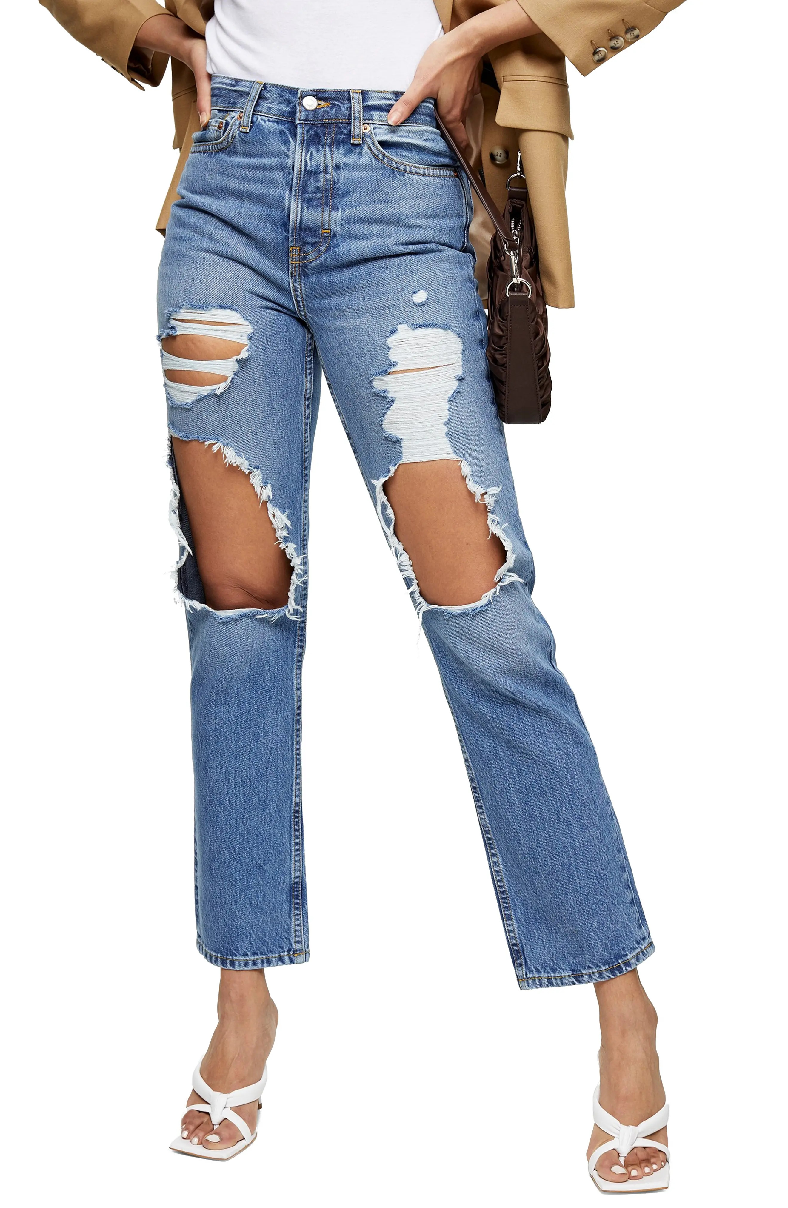 Petite Women's Topshop Ripped High Waist Ankle Dad Jeans, Size 30W x 28L - Blue | Nordstrom