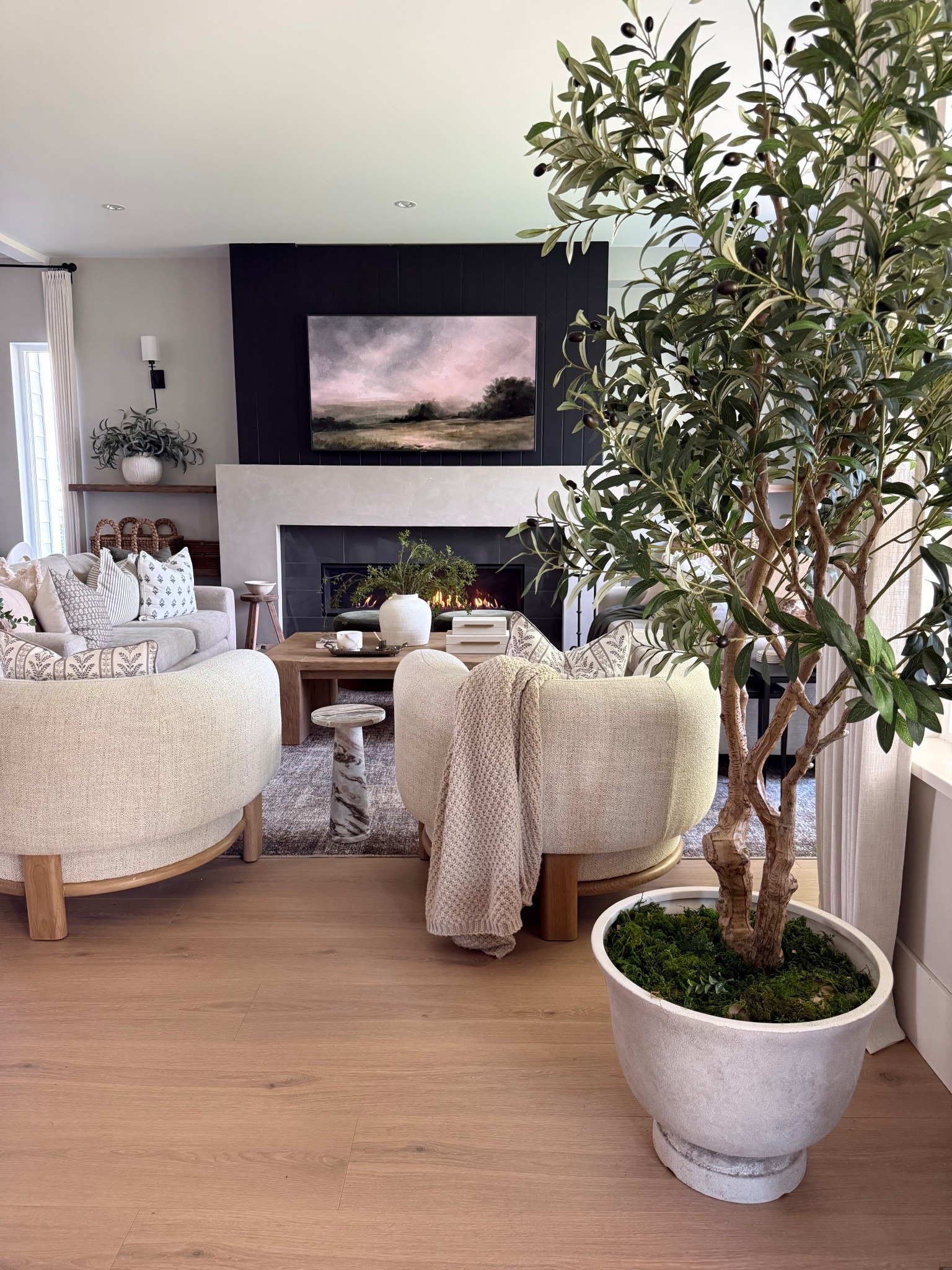 Living room views 
Love the statement of a an organic olive tree! 
Calm neutral Spring