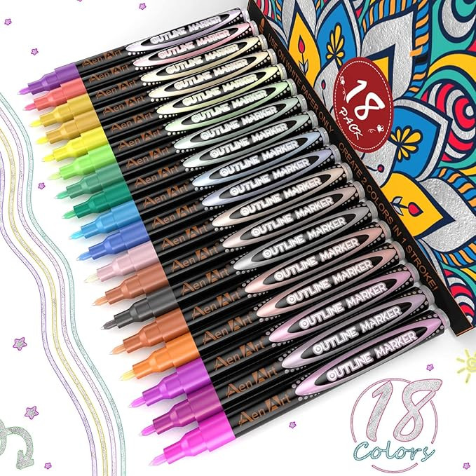 Aen Art Squiggles Outline Pens, 18 Color Self-outline Shimmer Markers Set, Doodle Markers Double ... | Amazon (US)
