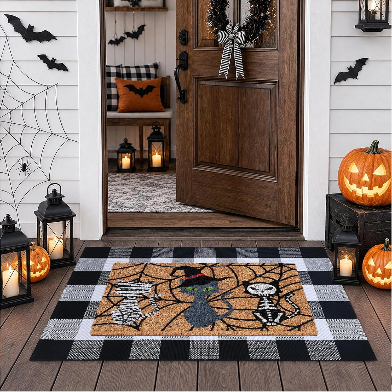 Halloween Door Mat Set, 100% Coir Doormat & 43*28 Inches Buffalo Plaid Rug | Amazon (US)