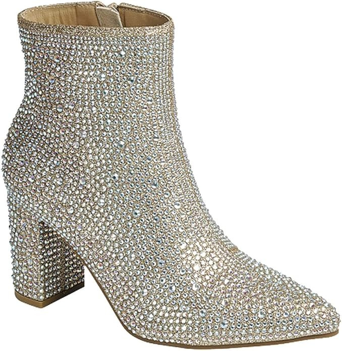 Amazon.com: Women Rhinestone Block Chunky Heel Ankle Bootie Iceberg 12 By Forever shoes Champagne... | Amazon (US)