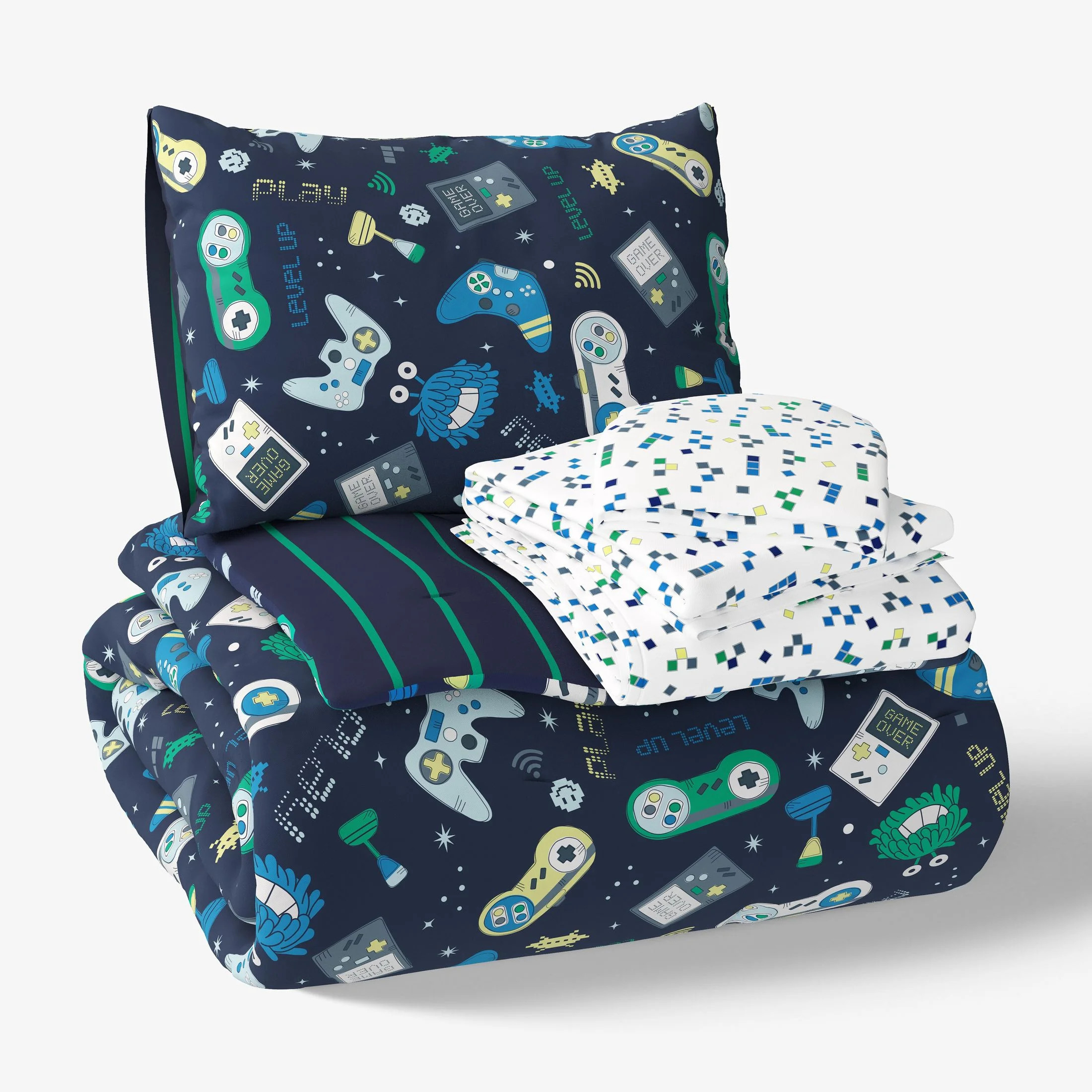 Mainstays Kids Glow in the Dark Gamer Reversible Comforter Set with Sheets, Twin, 5 Pieces - Walm... | Walmart (US)