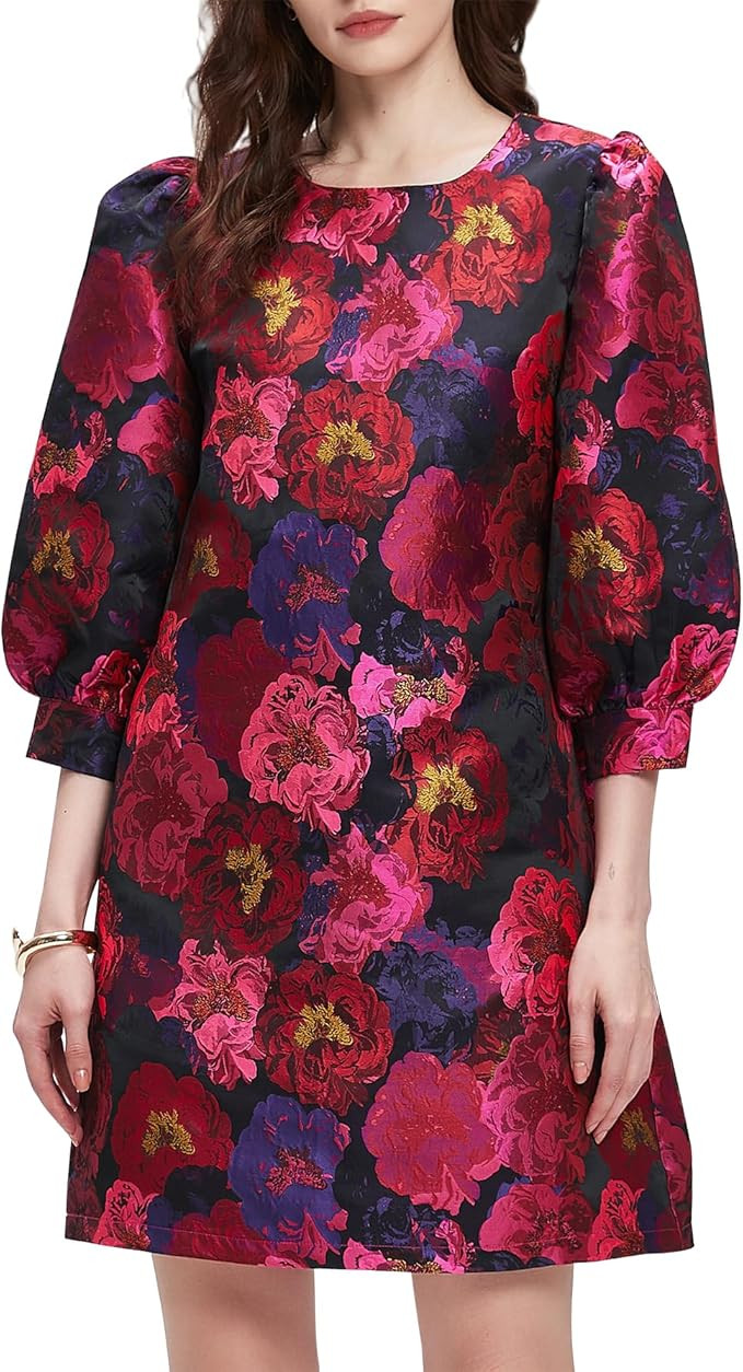 Kedera Women's Jacquard Dress Long Puff Sleeves Shift Mini Elegant Floral Dress Summer Business | Amazon (US)
