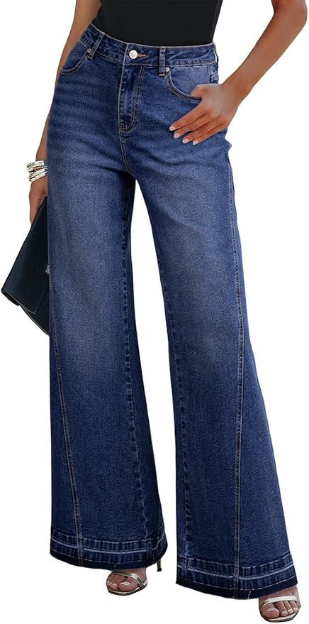 Dokotoo Jeans for Women Casual High Waisted Wide Leg Denim Pants Baggy Raw Hem Flare Jeans with P... | Amazon (US)