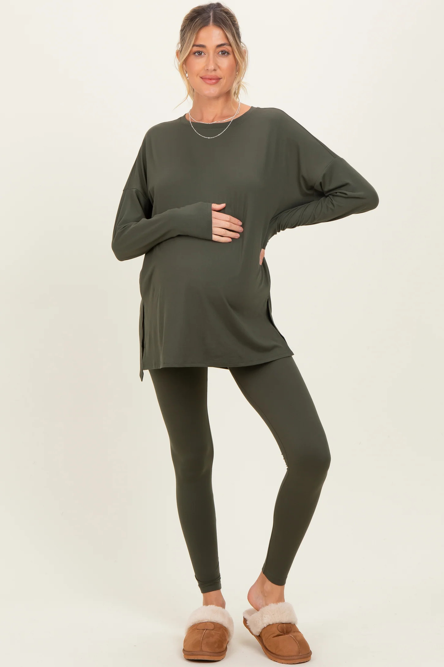 Olive Brushed Knit Maternity Oversized Top and Legging Set | PinkBlush Maternity