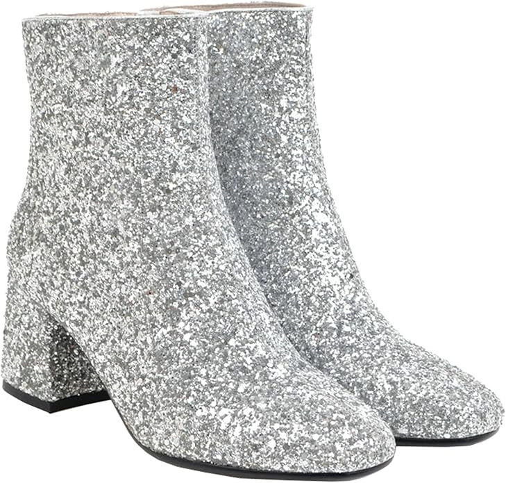 LUXMAX Women Glitter Ankle Boots Chunky Heel Square Closed Toe Sparkly Booties Block Heel Side Zi... | Amazon (US)