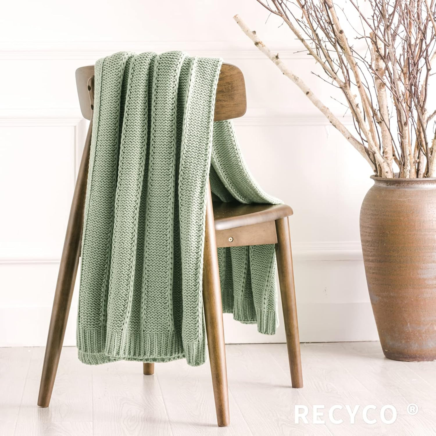 RECYCO Cable Knit Sage Green Throw Blanket for Couch, Super Soft Warm Cozy Decorative Knitted Thr... | Amazon (US)