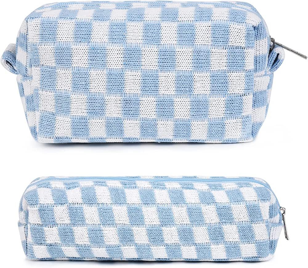 SOIDRAM Makeup Bag Checkered Cosmetic Bag Blue Makeup Pouch 1Pcs Large Capacity Makeup Bags and 1... | Amazon (US)