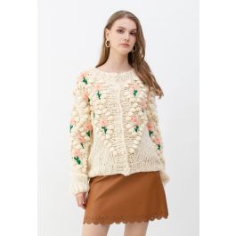 Stitch Floral Diamond Pom-Pom Hand Knit Cardigan | Chicwish